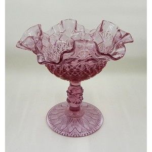 Fenton Glass Pedestal Bowl Compote Ruffled Candy Dish Pink Block and Star